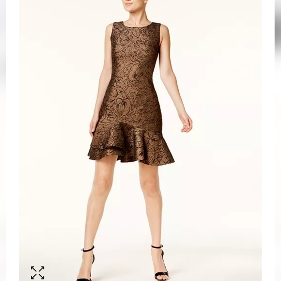 NWT Calvin Klein Brocade Flounce-Hem Sheath Dress 12 Gold Black Metallic Glamour - Picture 1 of 9
